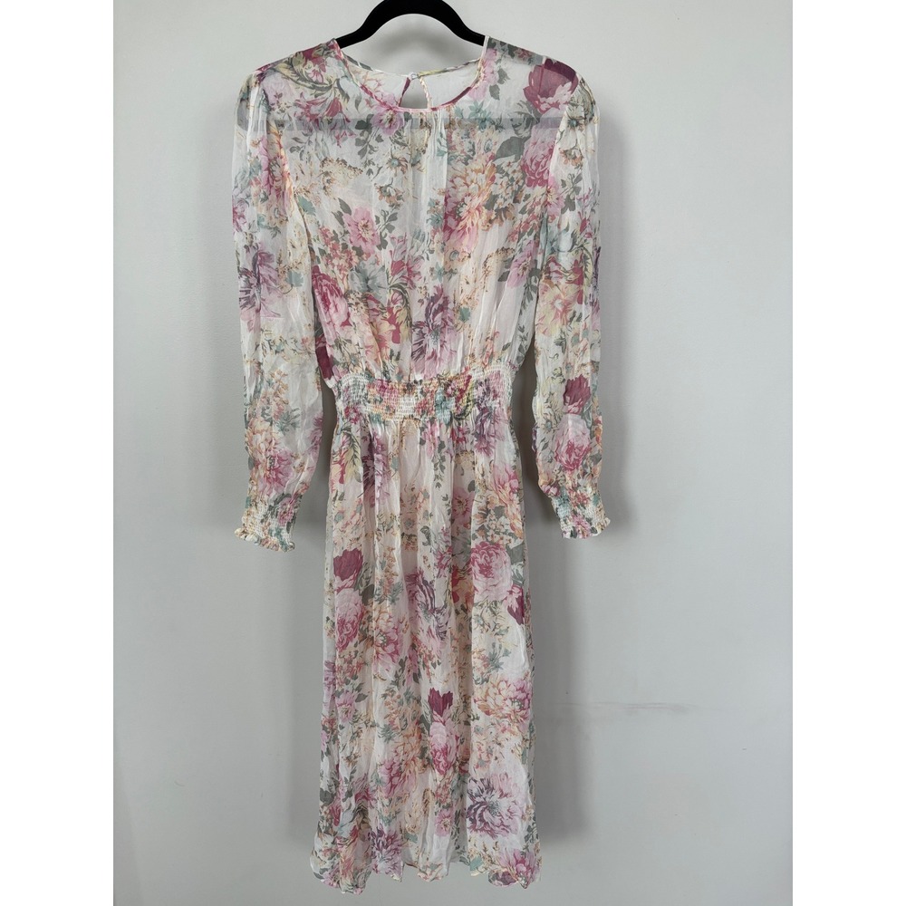 Zara Woman Floral Midi Dress Long Sleeve Smocked Waist Pink Green Size Large